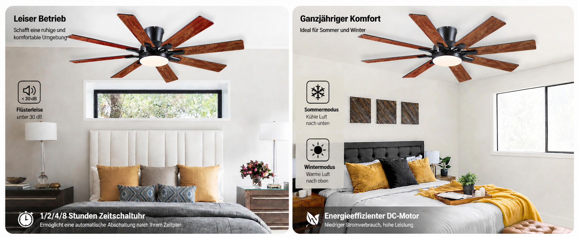 Produktansicht: Kviflon Flacher Deckenventilator mit 8 Flügeln Braun 132 cm mit LED und leisem DC-Motor