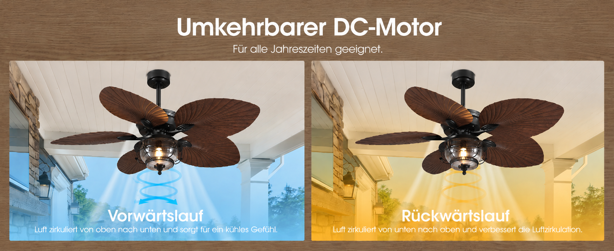 Produktansicht: Kviflon Tropischer Deckenventilator Braun 132 cm mit Palmblatt-Flügeln und LED
