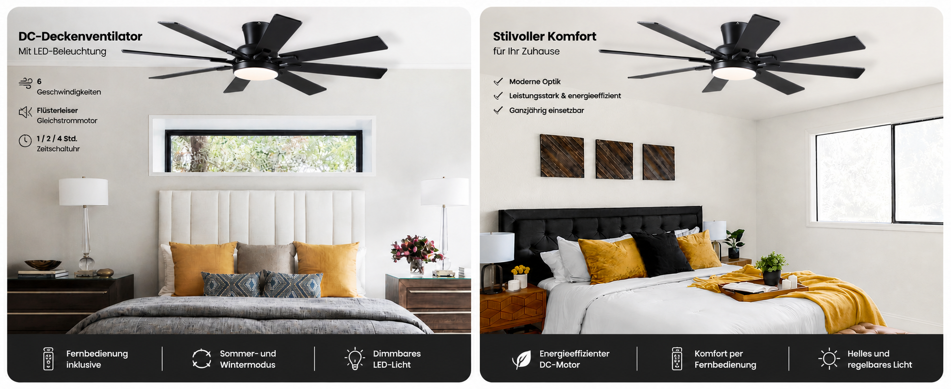 Produktansicht: Kviflon Flacher Deckenventilator mit 8 Flügeln Schwarz 132 cm mit LED und leisem DC-Motor