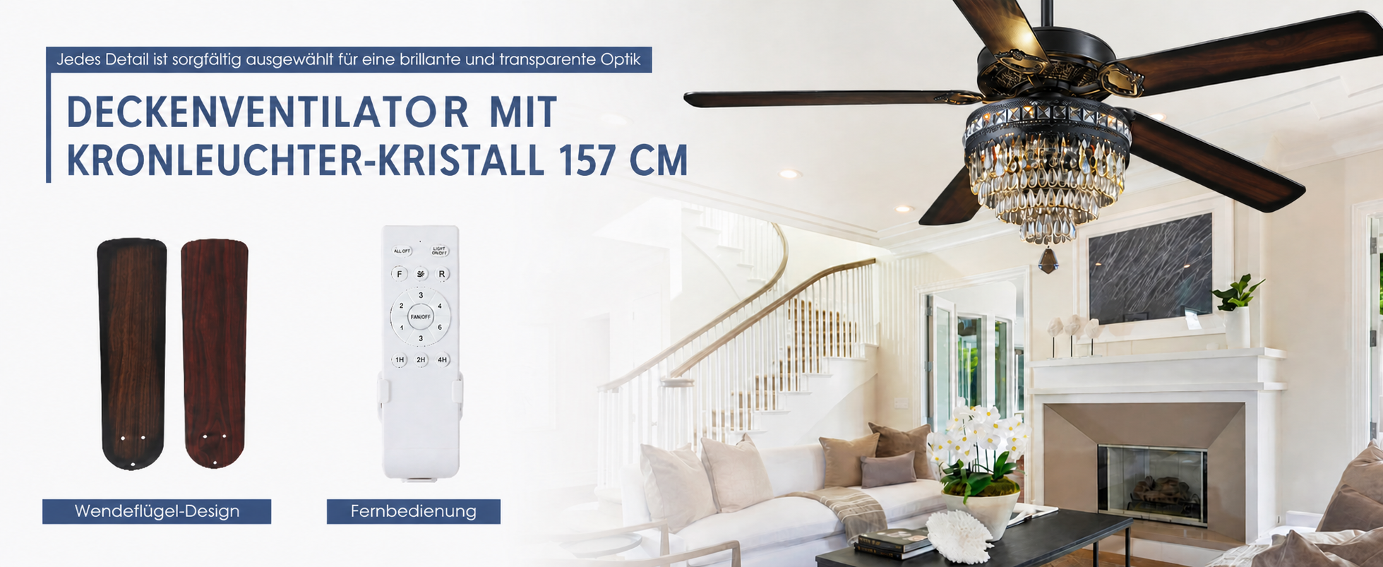 Produktansicht: Kviflon Deckenventilator mit Kristallleuchte Schwarz 157 cm mit Fernbedienung und Kristallleuchte
