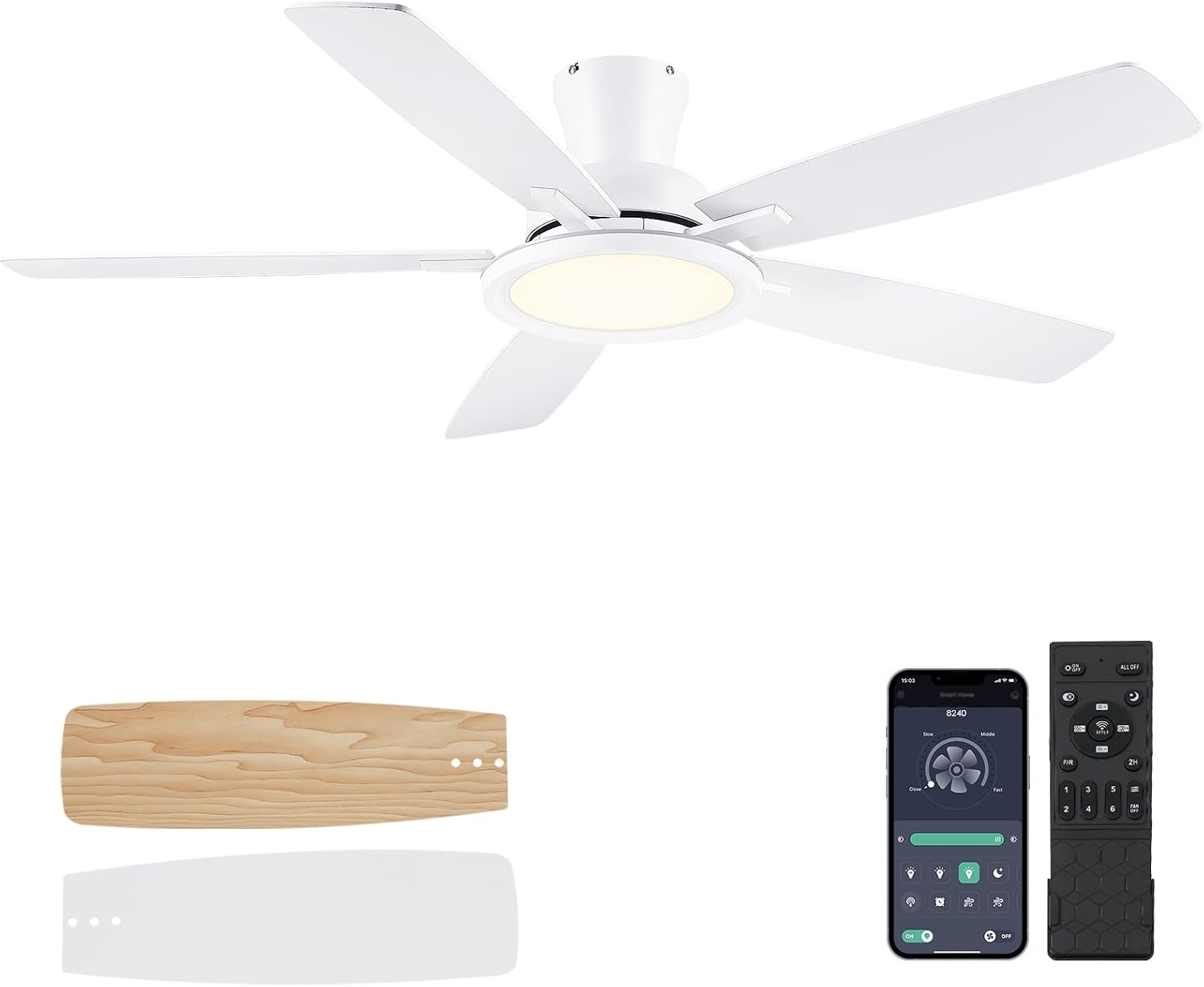 Produktansicht: Kviflon Flacher RGB-Deckenventilator Weiß 132 cm mit RGB-LED und leisem DC-Motor