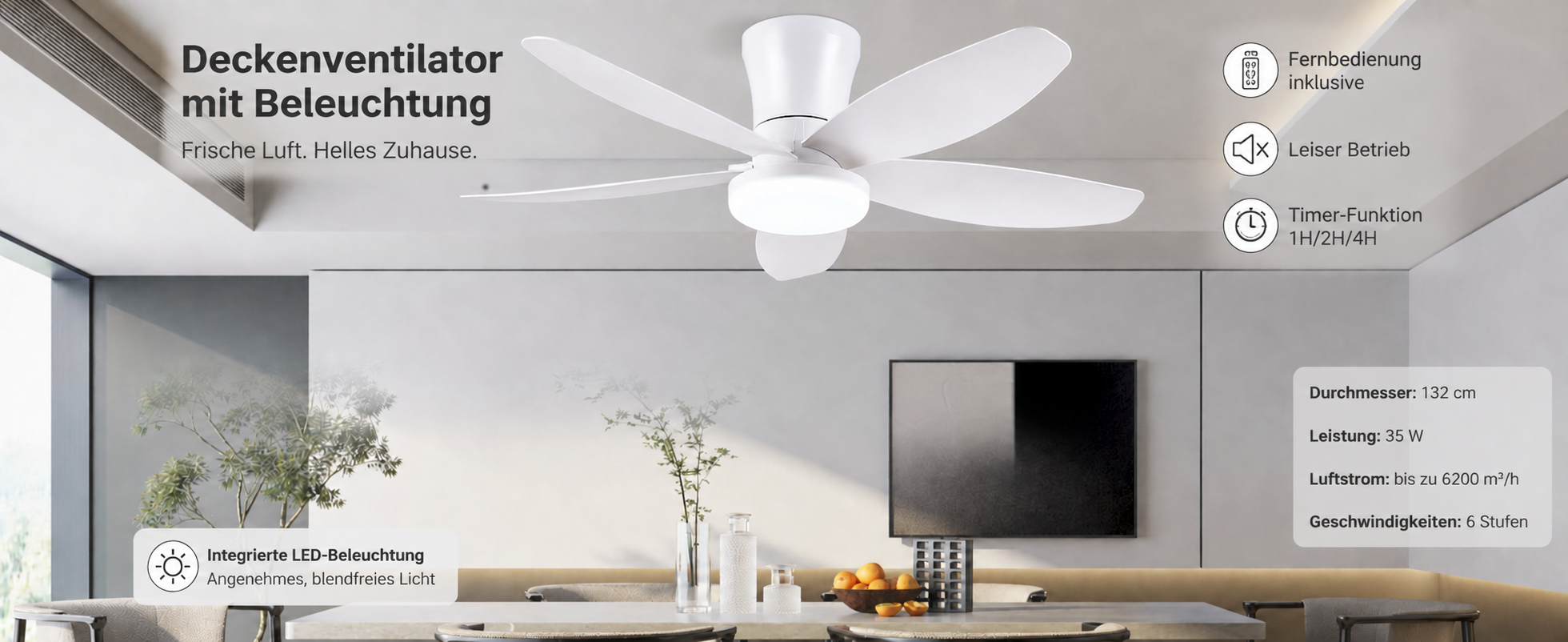 Produktansicht: Kviflon Deckenventilator Weiß 122 cm mit LED und leisem DC-Motor