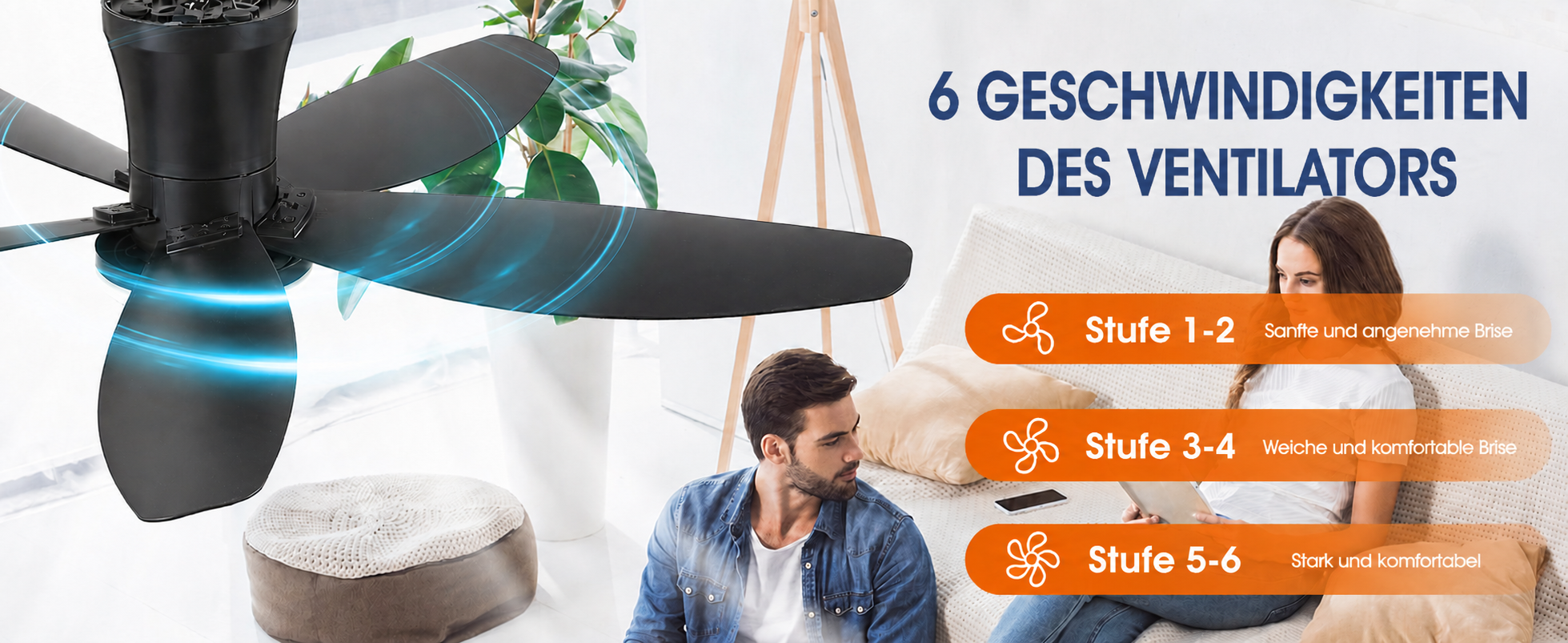 Produktansicht: Kviflon Deckenventilator Schwarz 107 cm mit LED und leisem DC-Motor
