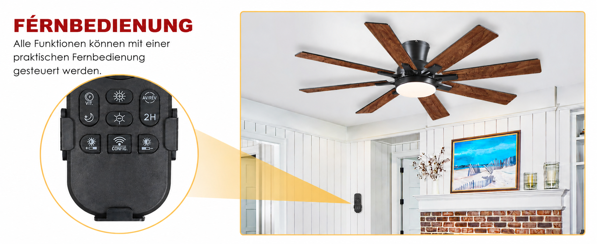 Produktansicht: Kviflon Flacher Deckenventilator mit 8 Flügeln Braun 132 cm mit LED und leisem DC-Motor