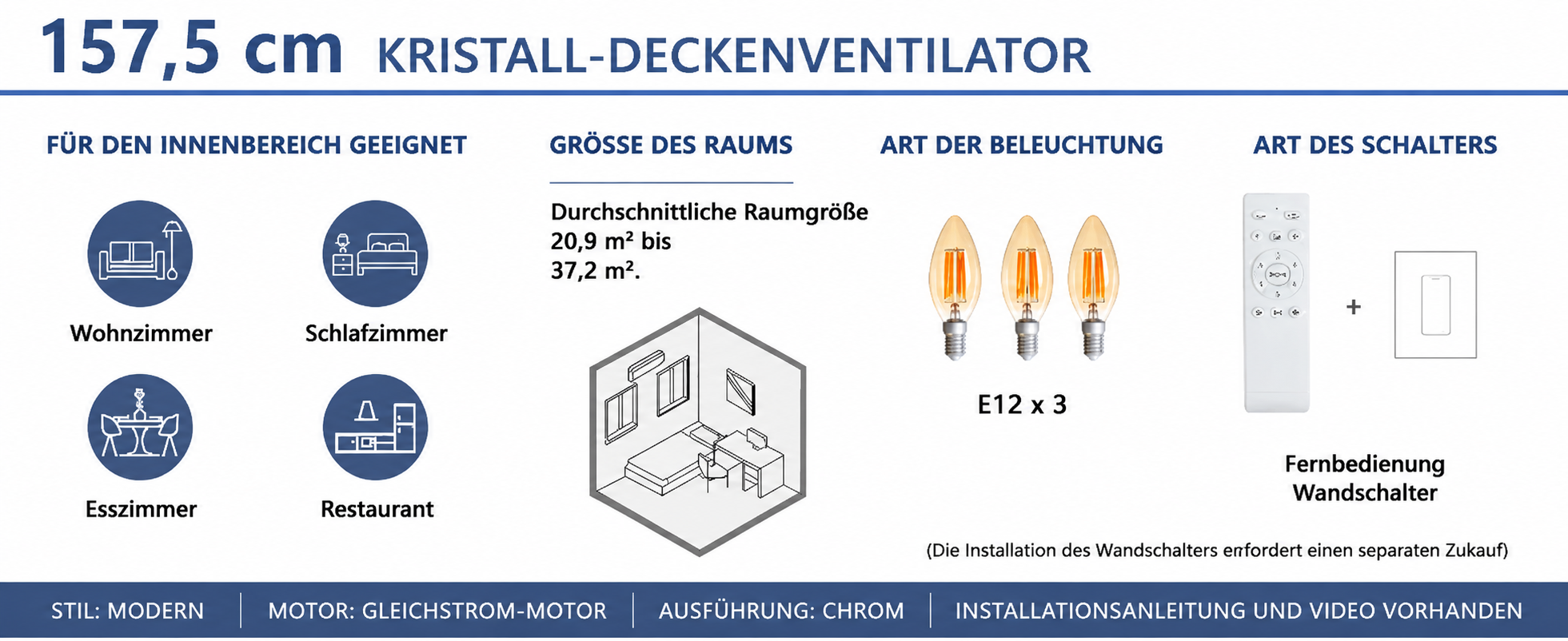 Produktansicht: Kviflon Deckenventilator mit Kristallleuchte Schwarz 157 cm mit Fernbedienung und Kristallleuchte