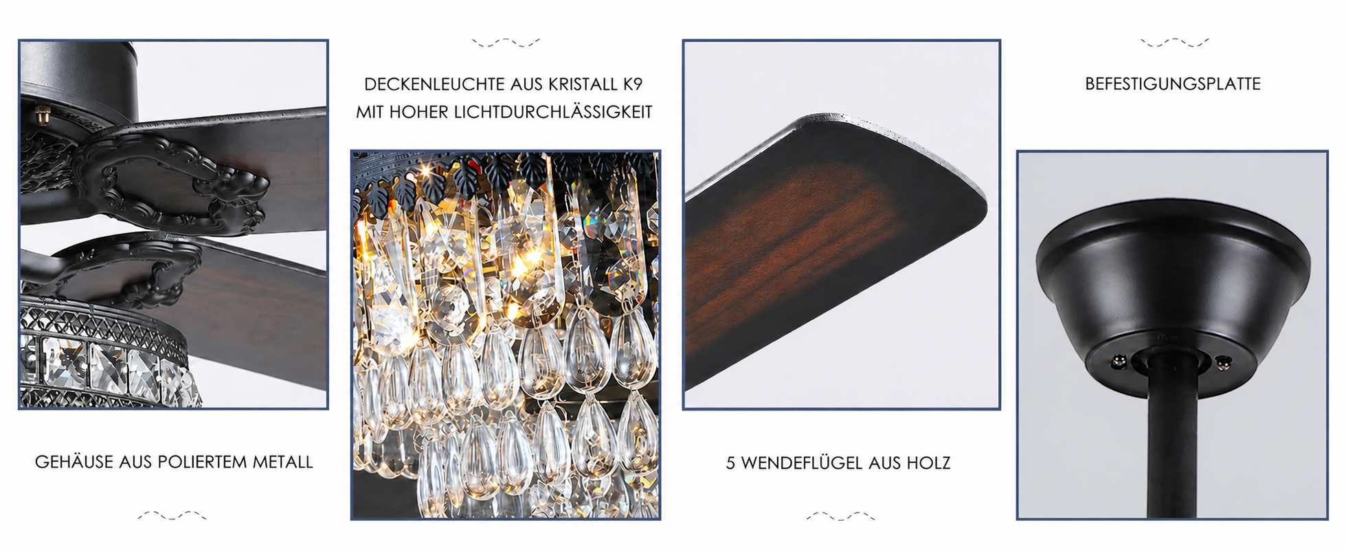 Produktansicht: Kviflon Deckenventilator mit Kristallleuchte Schwarz 157 cm mit Fernbedienung und Kristallleuchte