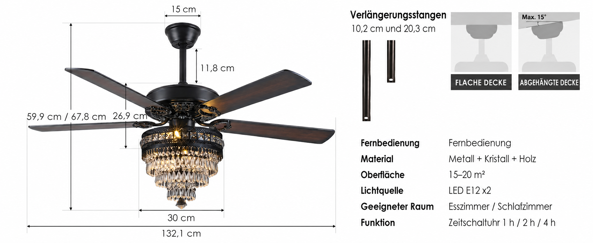 Produktansicht: Kviflon Deckenventilator mit Kristallleuchte Schwarz 132 cm mit Fernbedienung und Kristallleuchte