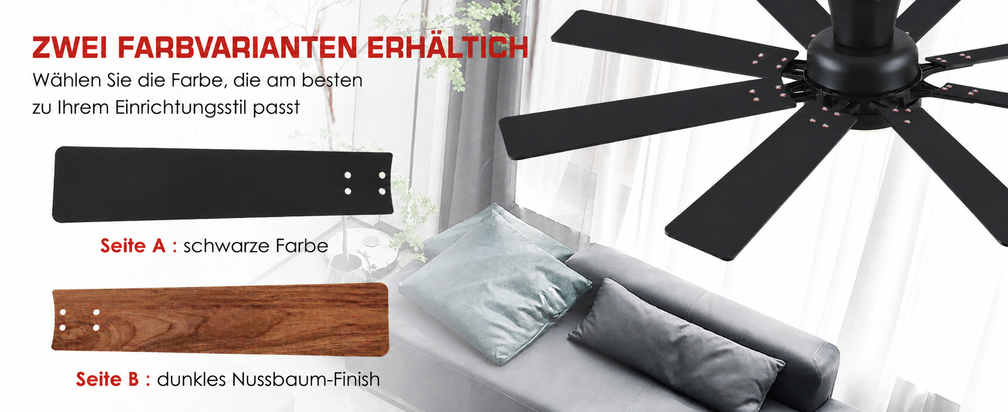 Produktansicht: Kviflon Flacher Deckenventilator mit 8 Flügeln Braun 132 cm mit LED und leisem DC-Motor