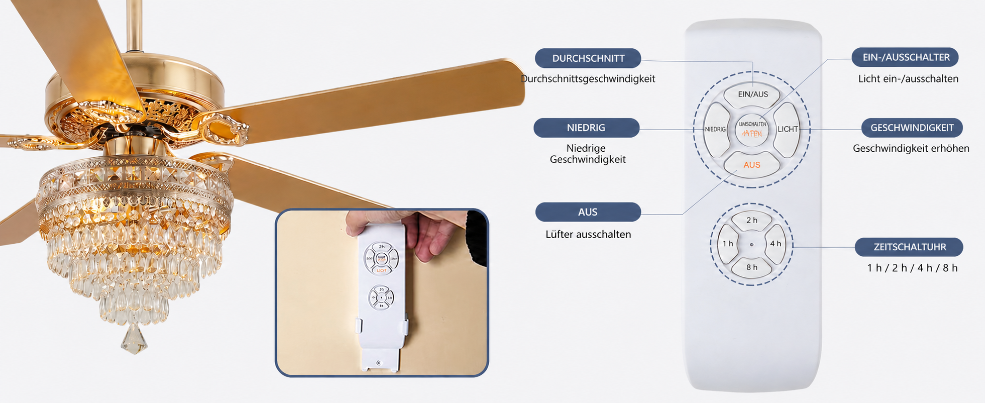 Produktansicht: Kviflon Deckenventilator mit Kristallleuchte Goldfarben 132 cm mit Fernbedienung und Kristallleuchte