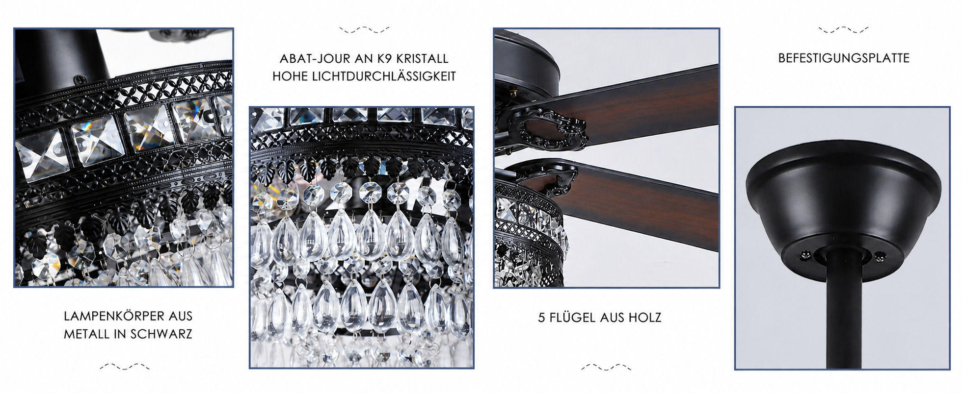 Produktansicht: Kviflon Deckenventilator mit Kristallleuchte Schwarz 132 cm mit Fernbedienung und Kristallleuchte