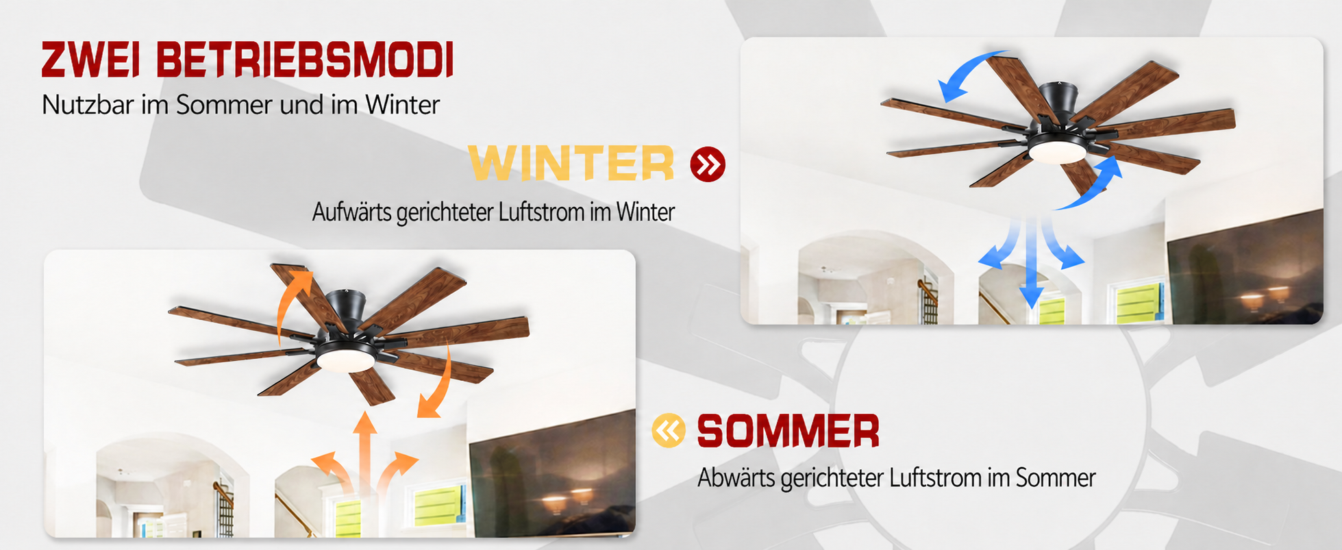 Produktansicht: Kviflon Flacher Deckenventilator mit 8 Flügeln Braun 132 cm mit LED und leisem DC-Motor