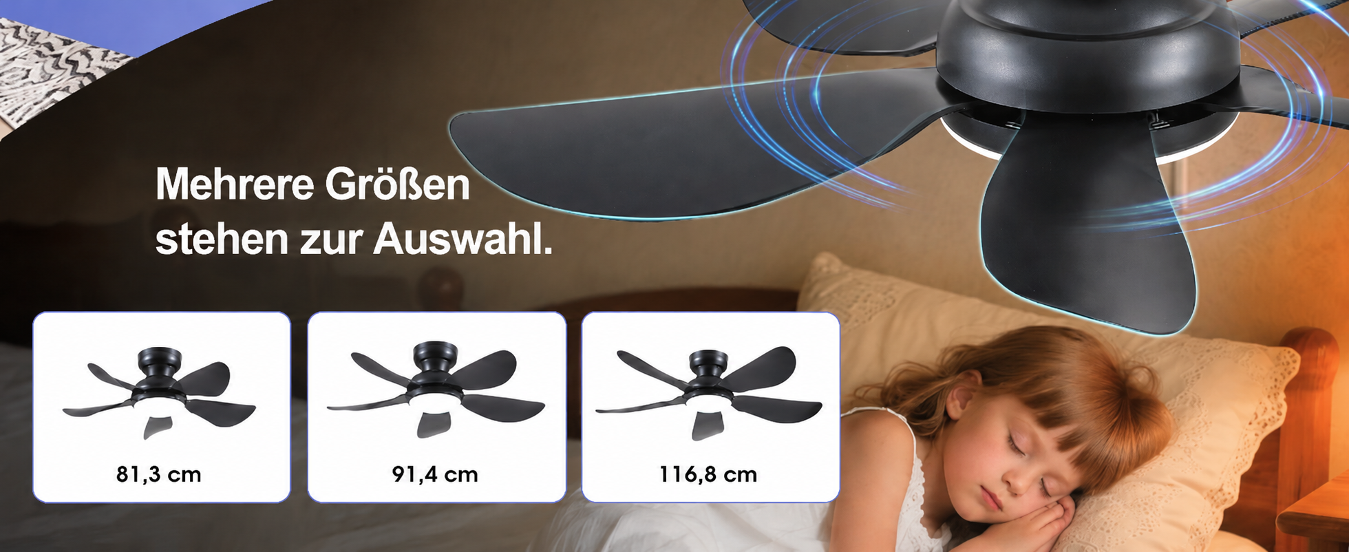 Produktansicht: Kviflon Kompakter Deckenventilator Schwarz 91 cm mit LED und leisem DC-Motor