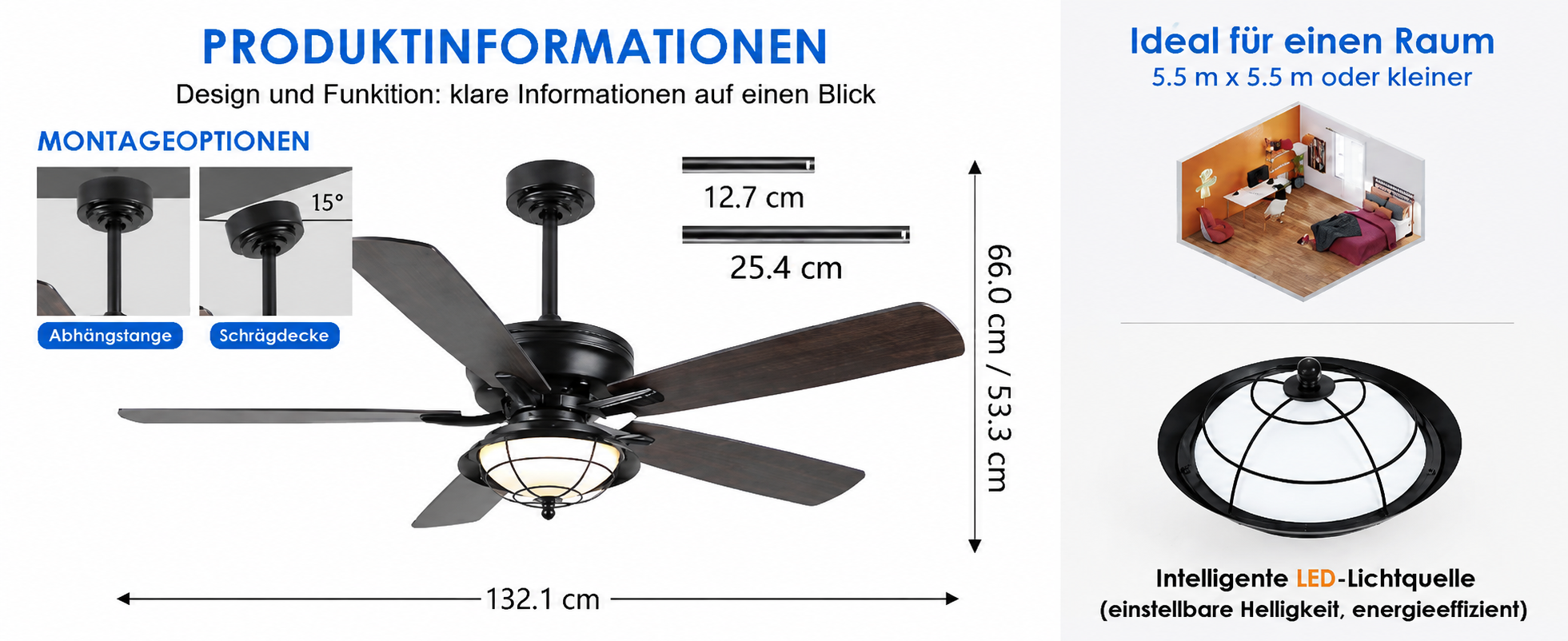 Produktansicht: Kviflon Deckenventilator für geschützte Außenbereiche Schwarz 132 cm mit LED und leisem DC-Motor