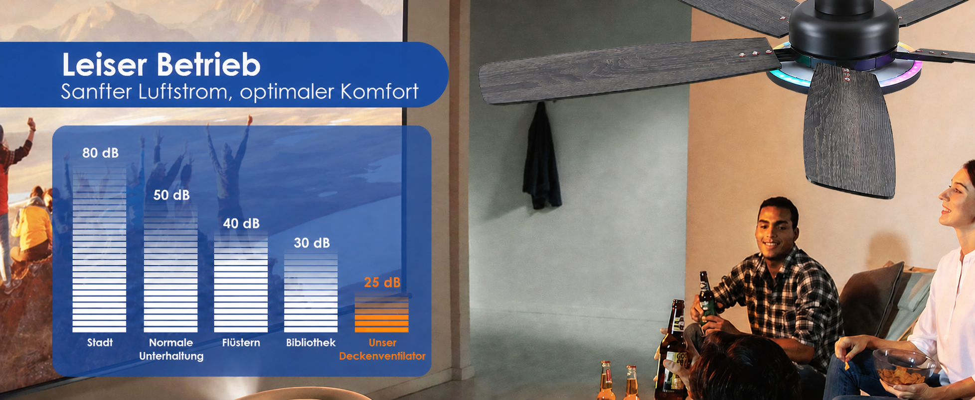 Produktansicht: Kviflon Flacher RGB-Deckenventilator Schwarz 132 cm mit RGB-LED und leisem DC-Motor