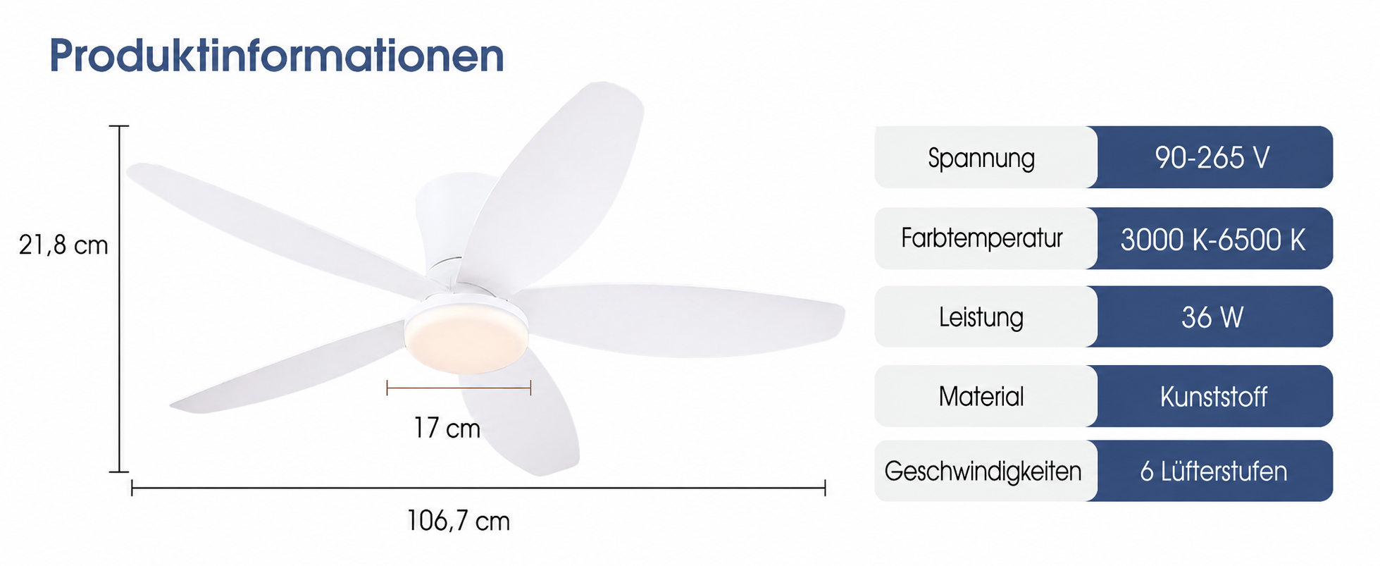 Produktansicht: Kviflon Deckenventilator Weiß 107 cm mit LED und leisem DC-Motor