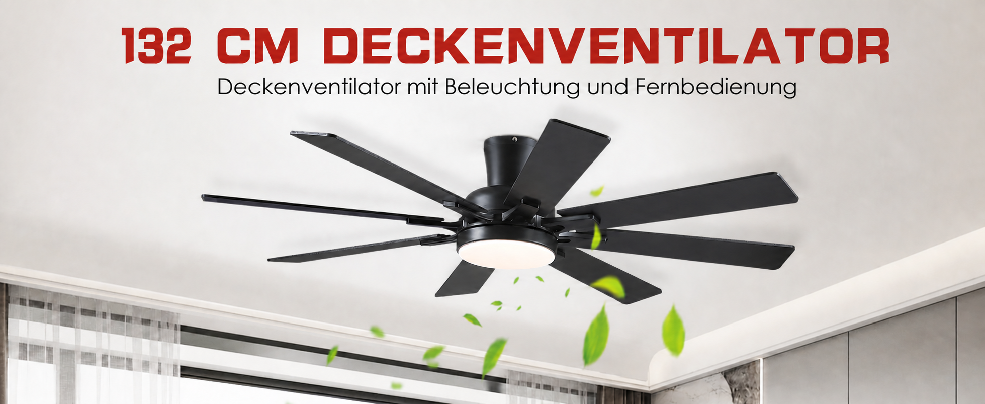 Produktansicht: Kviflon Flacher Deckenventilator mit 8 Flügeln Schwarz 132 cm mit LED und leisem DC-Motor