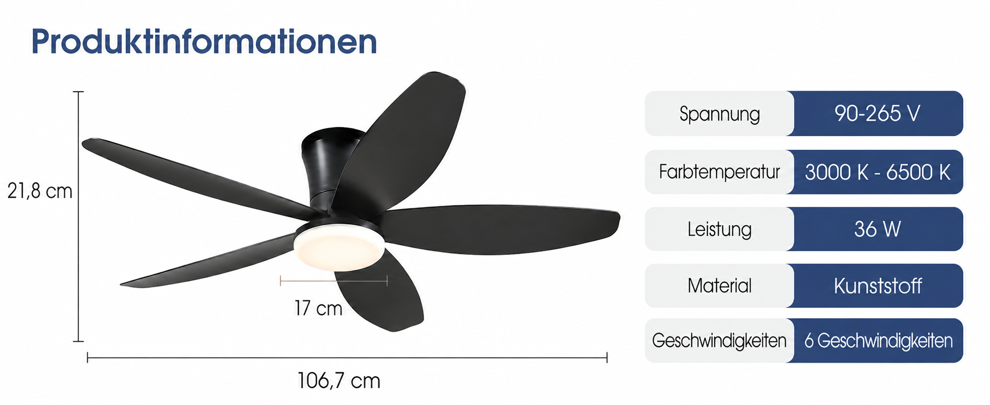 Produktansicht: Kviflon Deckenventilator Schwarz 107 cm mit LED und leisem DC-Motor