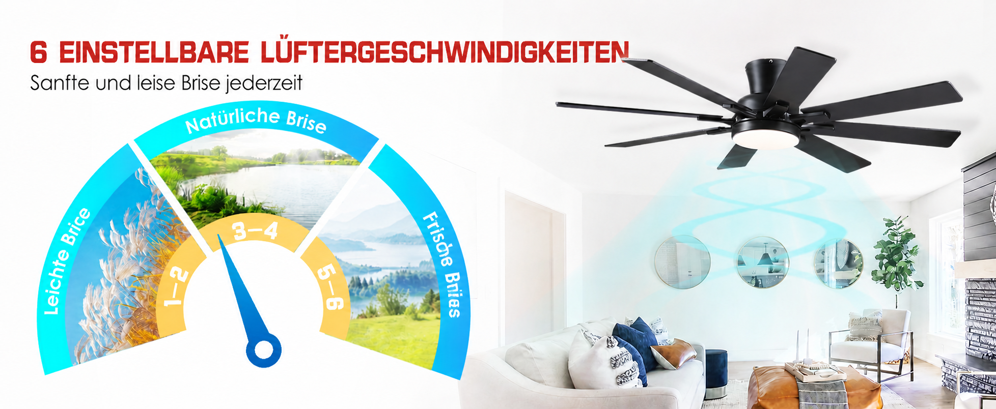 Produktansicht: Kviflon Flacher Deckenventilator mit 8 Flügeln Schwarz 132 cm mit LED und leisem DC-Motor