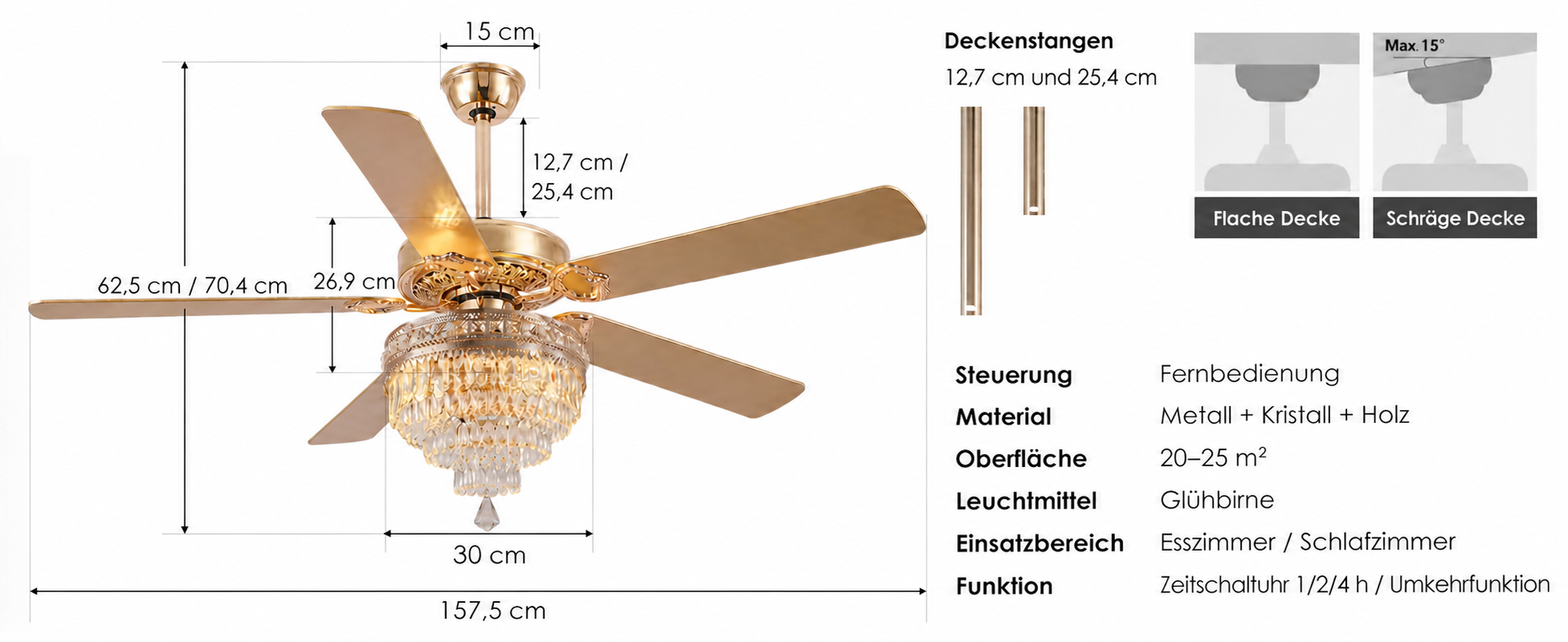 Produktansicht: Kviflon Deckenventilator mit Kristallleuchte Goldfarben 157 cm mit Fernbedienung und Kristallleuchte