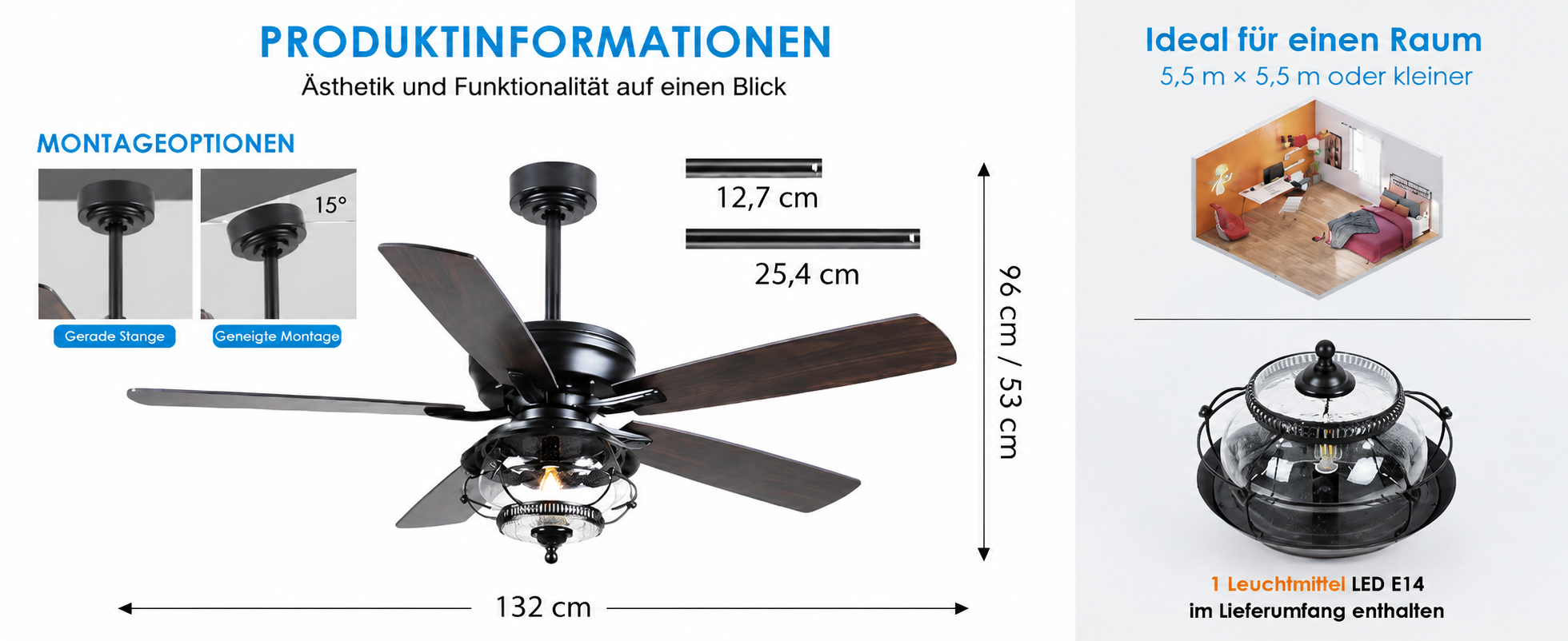 Produktansicht: Kviflon Deckenventilator für geschützte Außenbereiche Schwarz 132 cm mit LED und leisem DC-Motor