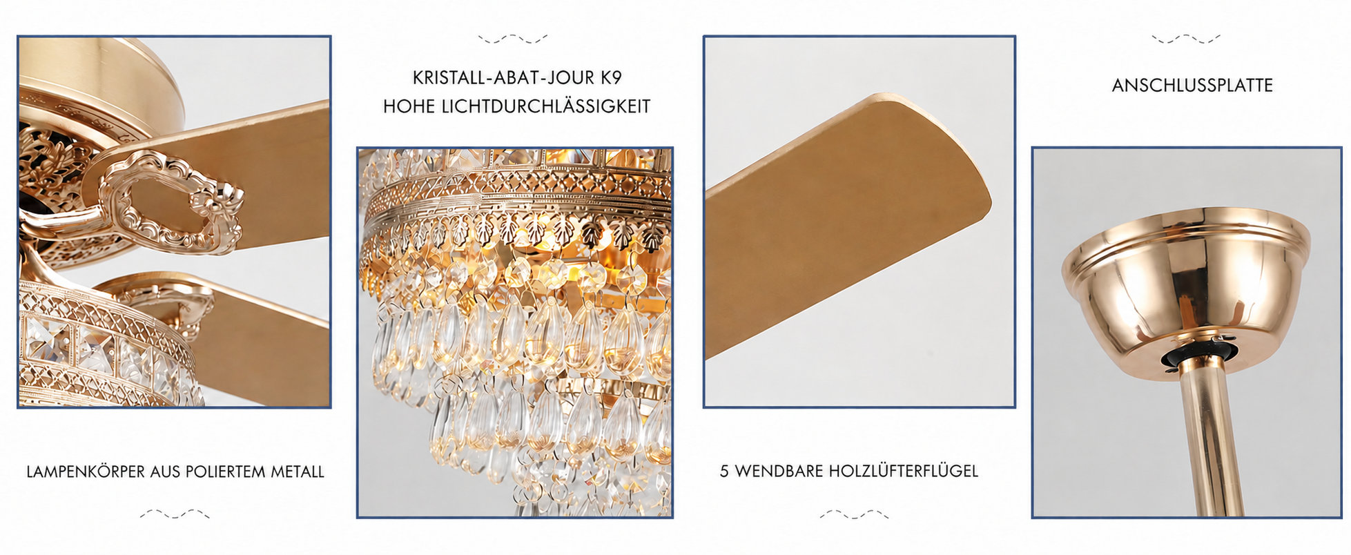 Produktansicht: Kviflon Deckenventilator mit Kristallleuchte Goldfarben 132 cm mit Fernbedienung und Kristallleuchte