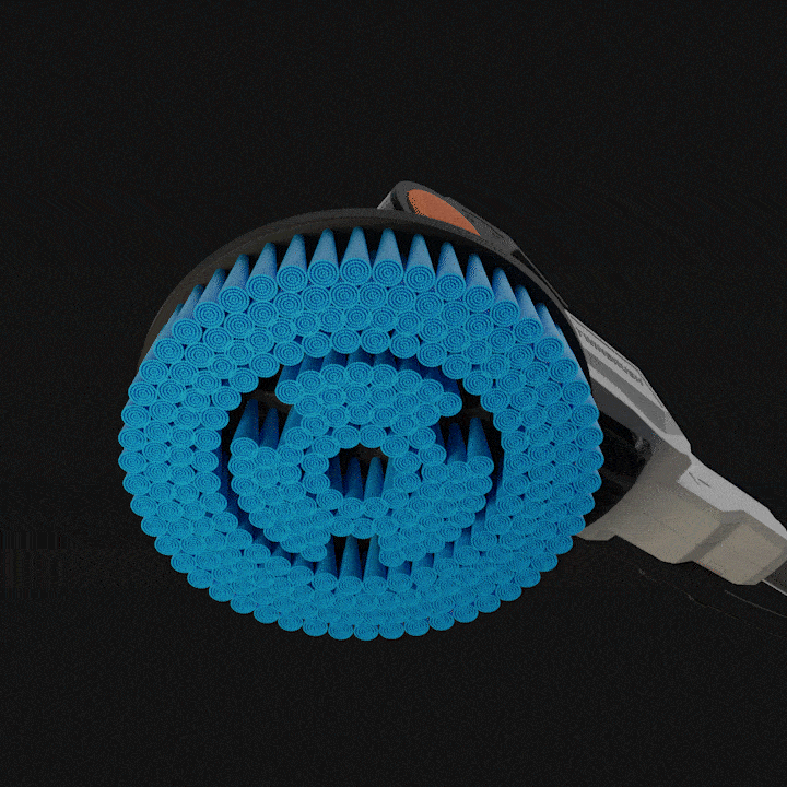 Illustration de la brosse brevetée Batavia Twin Brush en rotation opposée