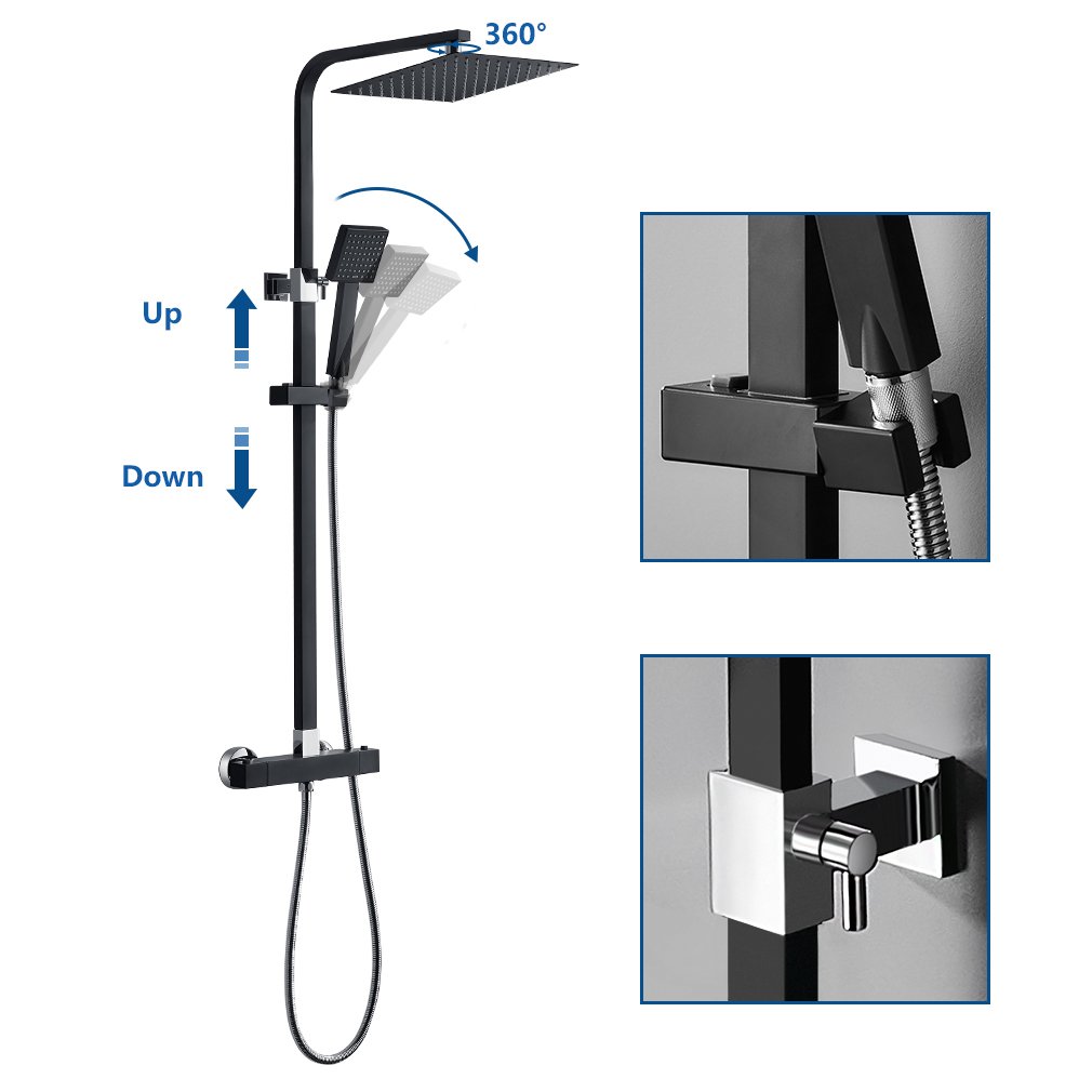 Solpearl Columna Ducha Negro, Columna de Ducha Termostatica 38°C con  Alcachofa Ducha Lluvia 21X21 cm, Conjunto de Ducha Barra Altura Ajustable,  Ducha