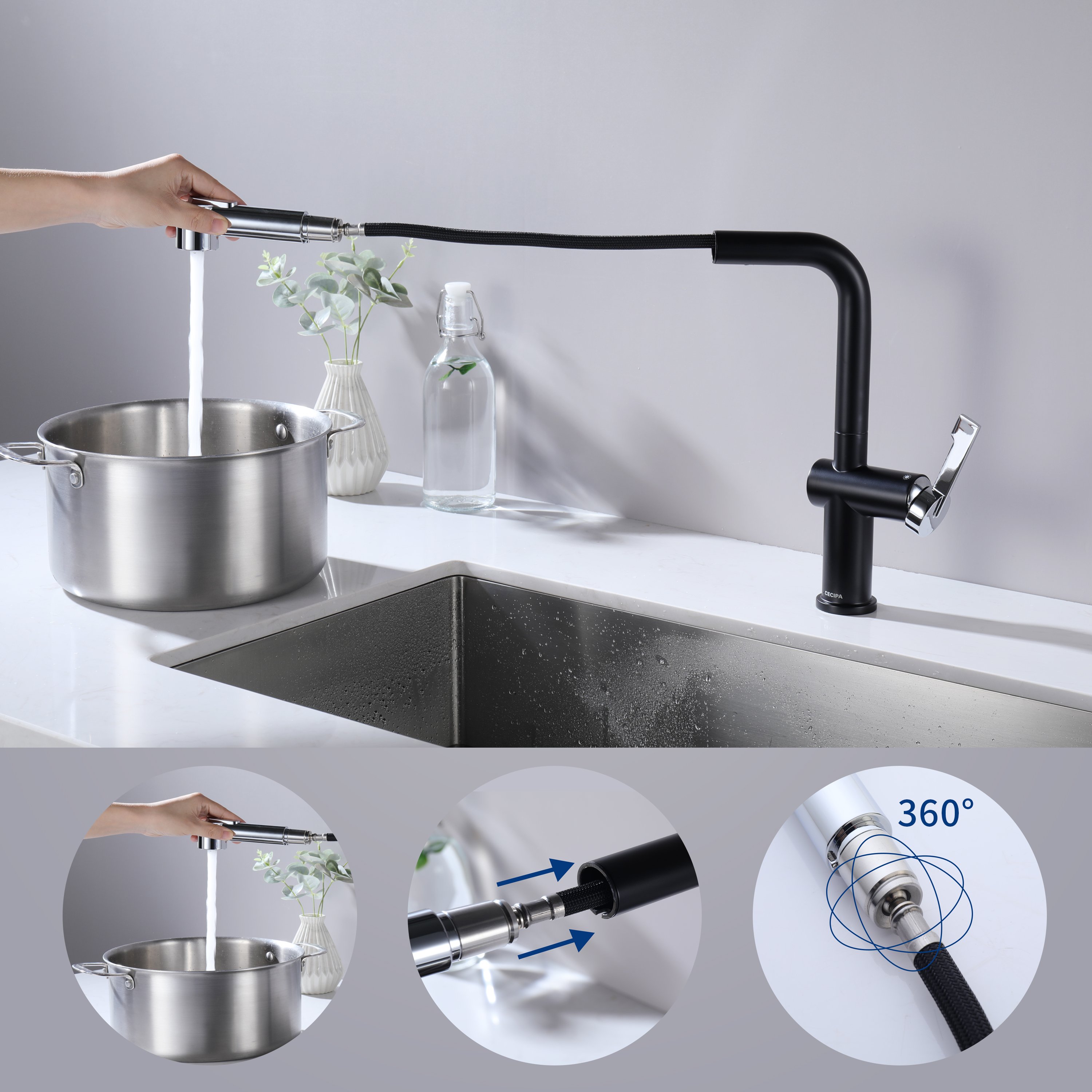 Elixir - Robinet Cuisine, Mitigeur Cuisine de Flexible Bec Pivotant à 360°  et Tuyau en Silicone Noir, Peut Ajuster L'eau Froide et chaude, Cuivre  Solide, PEX Tuyau, Chrome. - Robinet de lavabo 