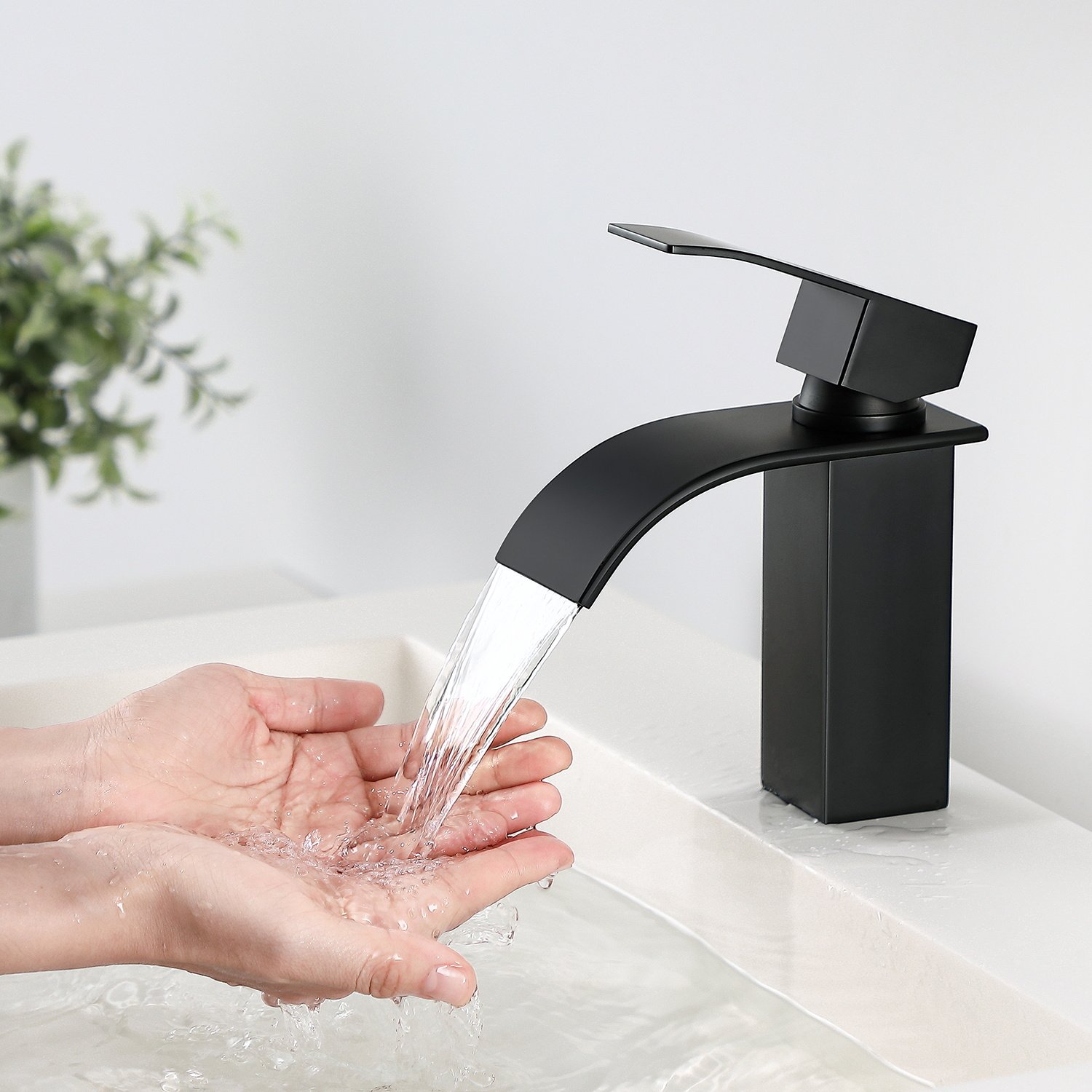 Auralum Grifo Lavabo en Cascada Negro, Grifos para Lavabos de Baño,  Grifería de Baño de Acero