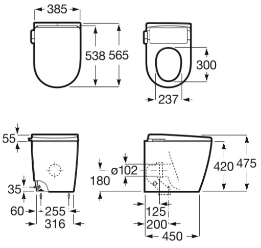 cotas Avant - Inodoro adosado a pared con cisterna integrada In-Tank®. Alimentación hidráulica interna