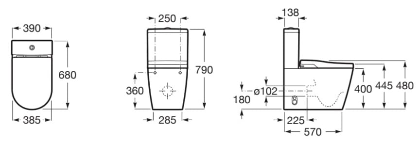 Medidas del smart toilet adosado a pared Rimless INSPIRA - ROCA
