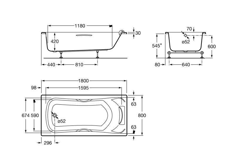 Medidas de la bañera acrílica rectangular con asas BECOOL - ROCA