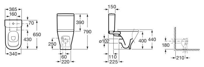 Dimensions du WC complet avec sortie horizontale et alimentation latérale THE GAP - ROCA