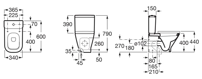 Dimensions du WC compact complet avec alimentation inférieure et descente amortie THE GAP - ROCA