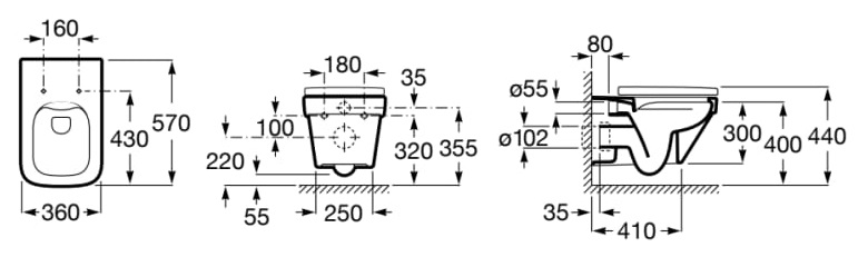 Dimensions du WC complet suspendu Rimless® (fermeture ralentie) DAMA - ROCA