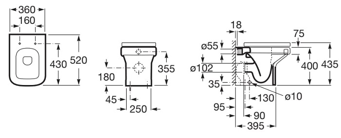 Dimensions du WC complet avec réservoir haut ou encastrable adossé au mur DAMA - ROCA