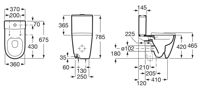 Dimensions du WC complet à réservoir bas, alimentation inférieure et descente amortie ONA - ROCA