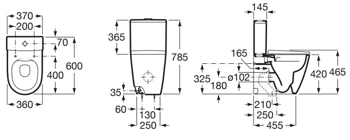 Dimensions du WC complet compact avec alimentation latérale et descente amortie ONA - ROCA