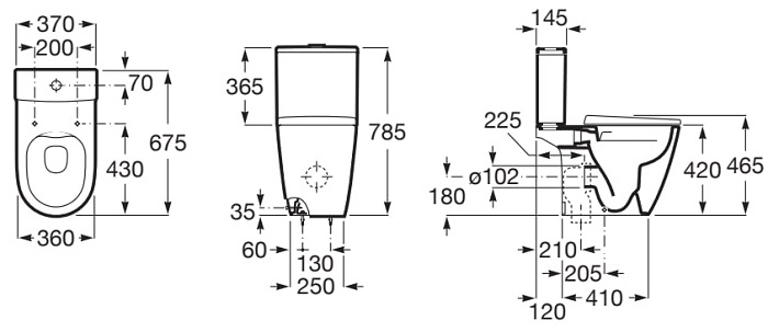 Dimensions du WC complet avec réservoir bas, alimentation inférieure et chute libre ONA - ROCA