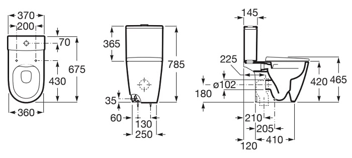 Dimensions du WC complet à réservoir bas, alimentation latérale et descente libre ONA - ROCA