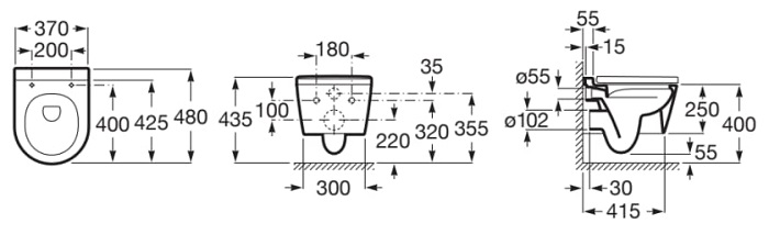 Dimensions du WC suspendu compact Rimless® ROUND INSPIRA - ROCA