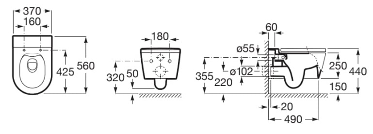 Dimensions du WC suspendu complet Rimless® ROUND INSPIRA - ROCA