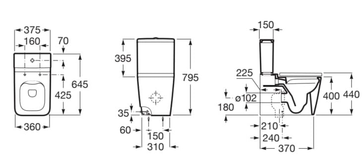 Medidas de la taza Rimless con salida dual para inodoro de tanque bajo SQUARE INSPIRA - ROCA