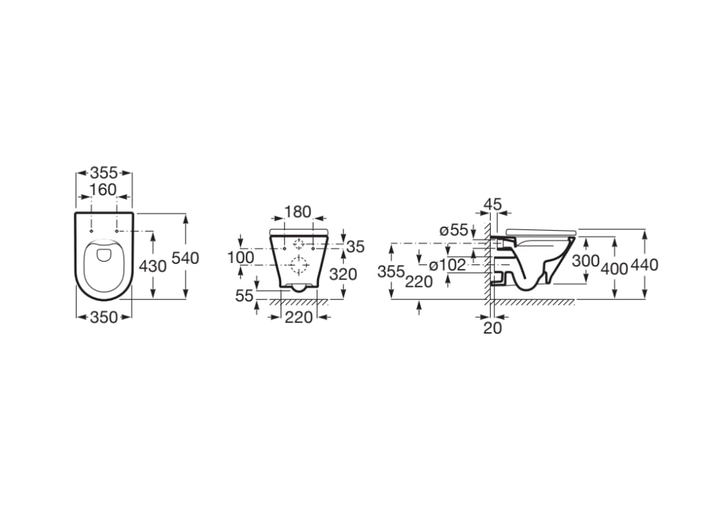 Medidas de la taza suspendida Rimless de salida horizontal THE GAP - ROCA