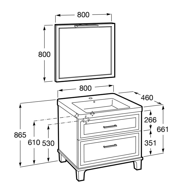 Medidas del pack mueble base de 2 cajones + lavabo + espejo LED ROMEA - ROCA