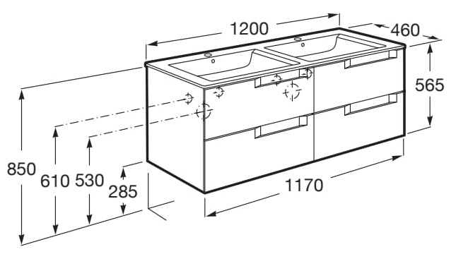 Medidas del pack mueble base de 4 cajones + lavabo doble ALEYDA - ROCA