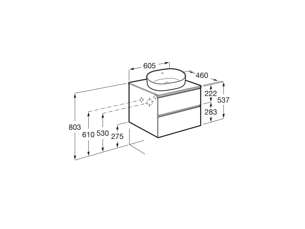 Medidas del mueble base de 2 cajones para lavabo de sobre encimera central THE GAP - ROCA