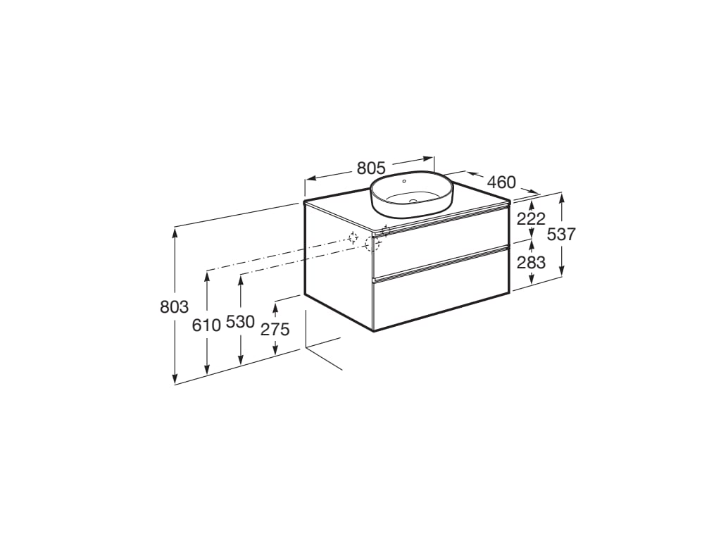 Medidas del mueble base de 2 cajones para lavabo de sobre encimera central THE GAP - ROCA