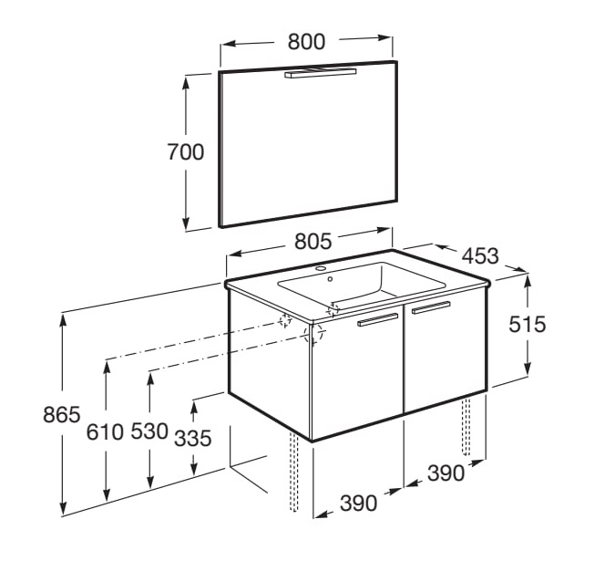 Medidas del pack mueble base con puertas + lavabo + espejo + aplique LED VICTORIA - ROCA