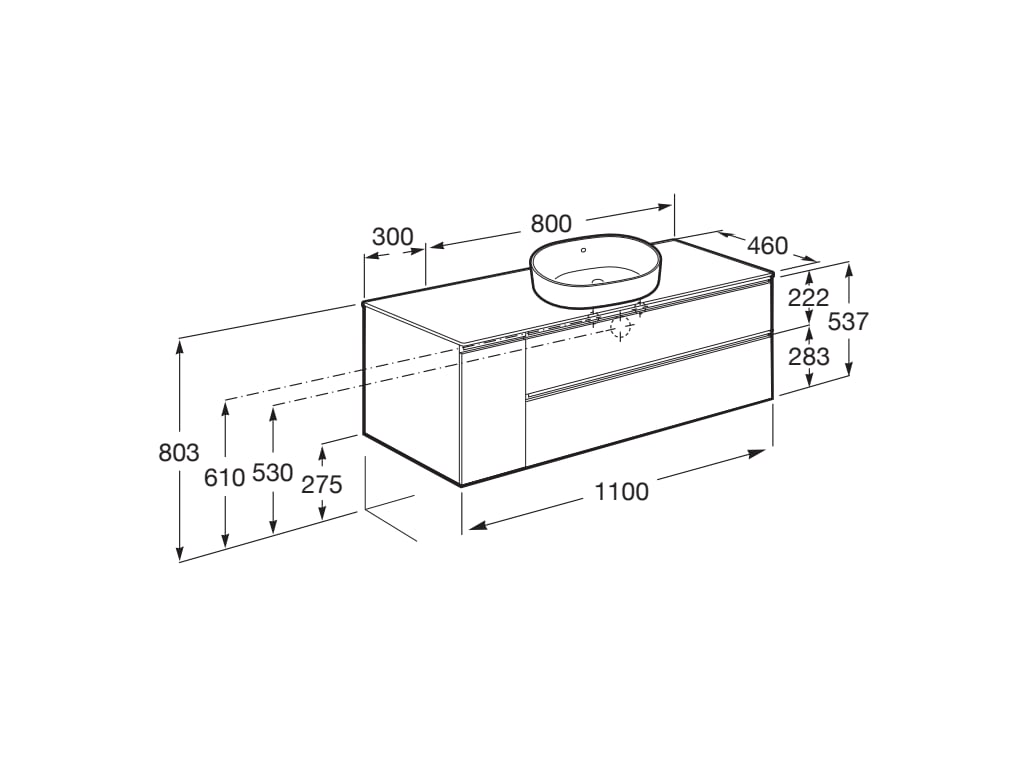 Medidas del mueble base de 2 cajones pour lavabo de sobre encimera THE GAP - ROCA